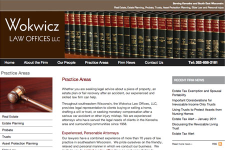 Wokwicz Law Offices website: Practice Areas page