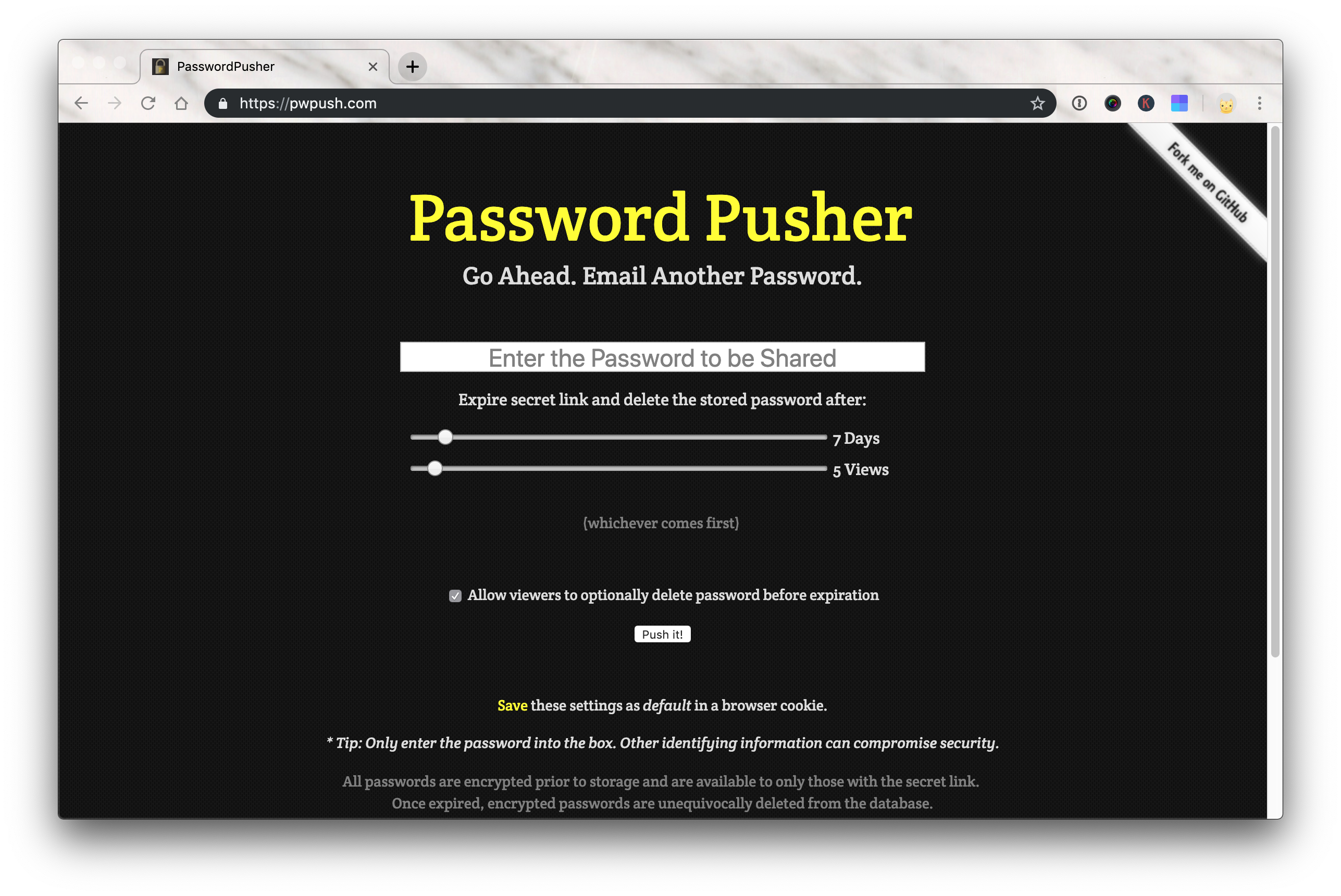 A screenshot of PW Push, a tool for sharing passwords safely