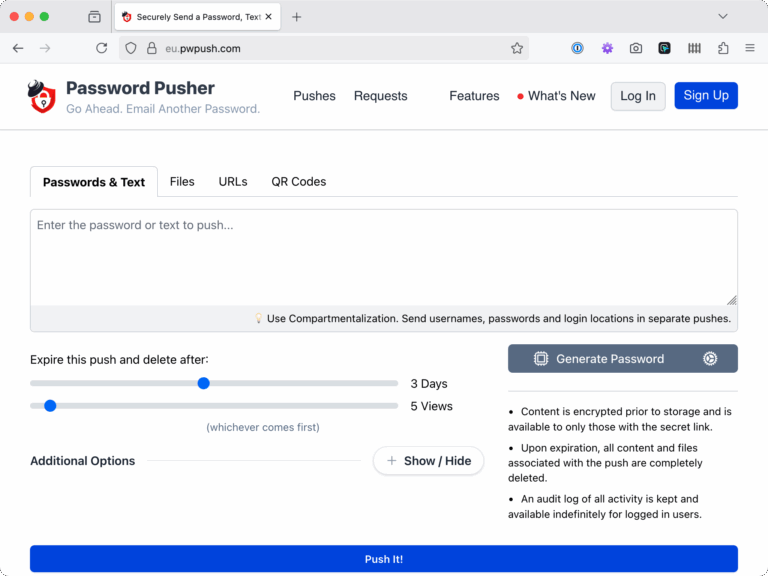 A screenshot of the PW Push website.