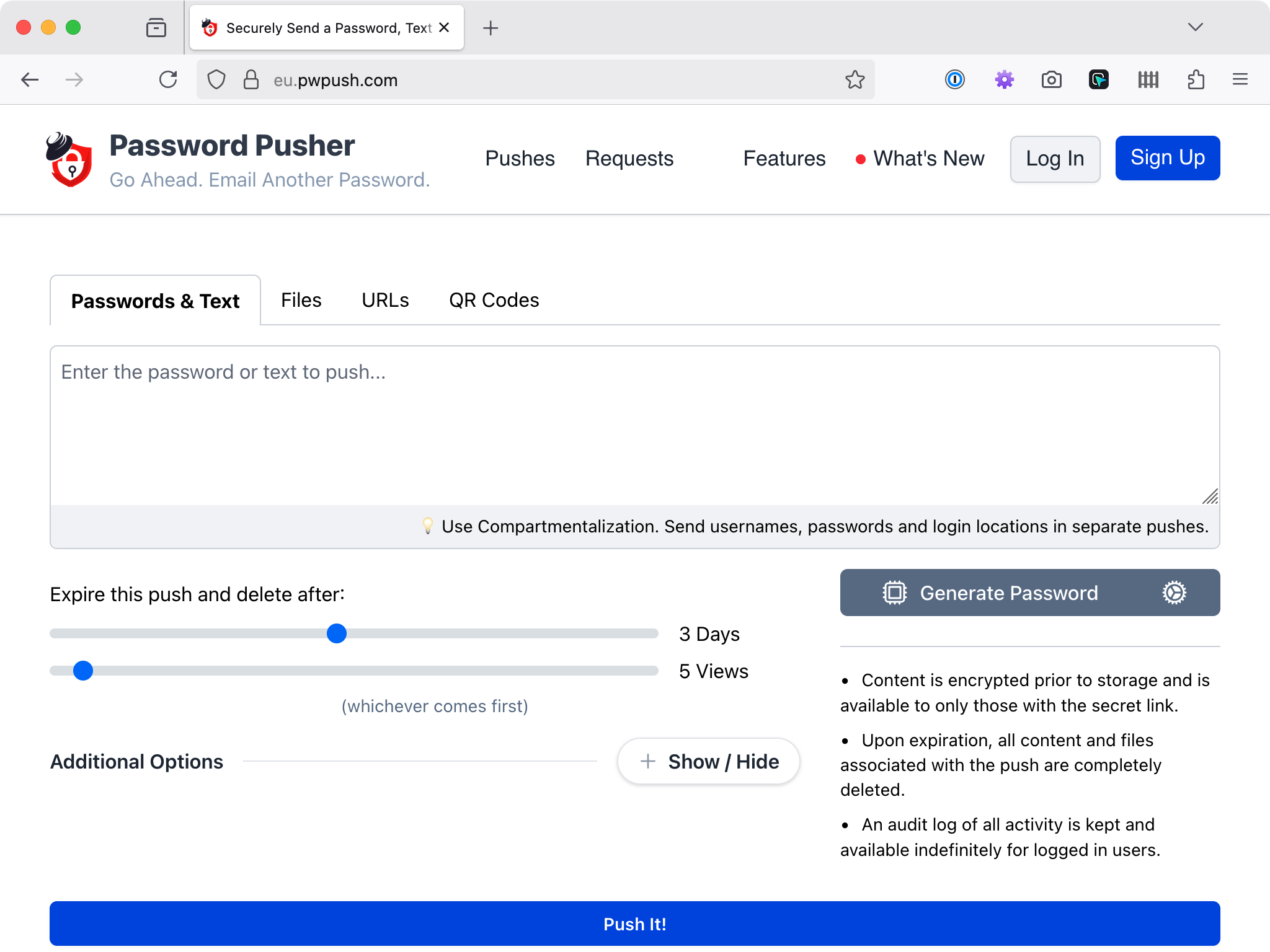 A screenshot of the PW Push website.
