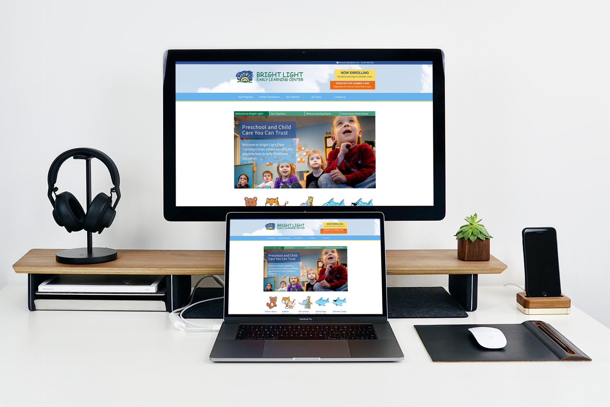 The Bright Light ELC website loading on a desktop monitor and a laptop screen